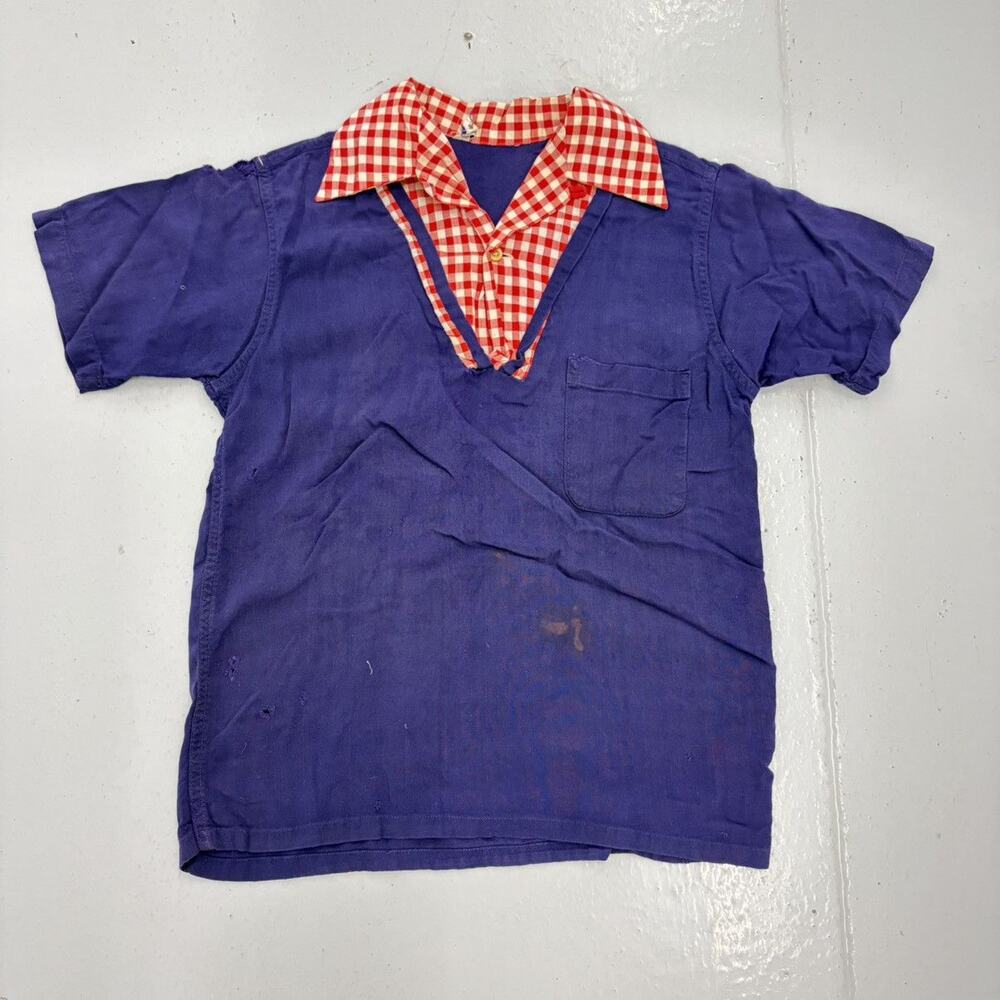 Vintage 50s Model Blue/Red Gingham Rayon Loop Collar